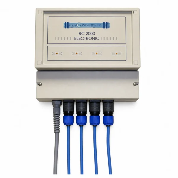 Calconditioner RC2000 elektronische ontkalker, wandmontage met vier blauwe signaalspoelen om een leiding van 28–42 mm.