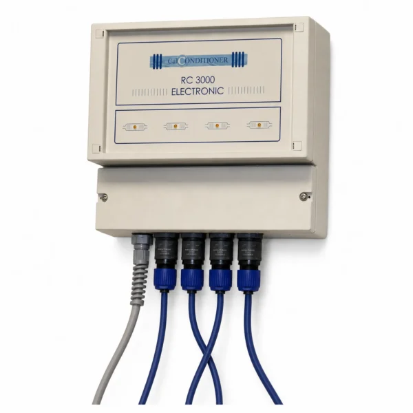 Calconditioner RC3000 elektronische ontkalker, wandmontage met vier blauwe signaalspoelen om een leiding van 42–80 mm.