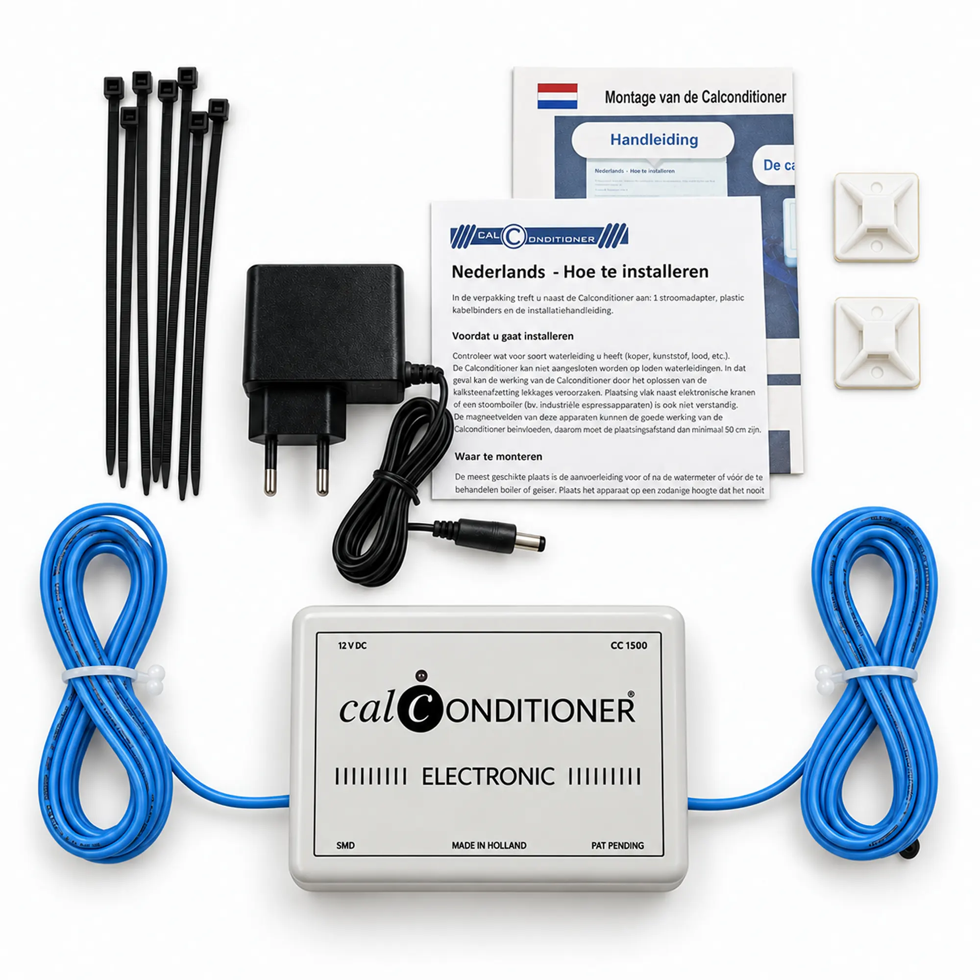 Inhoud verpakking Calconditioner CC1500 met voeding en montagemateriaal