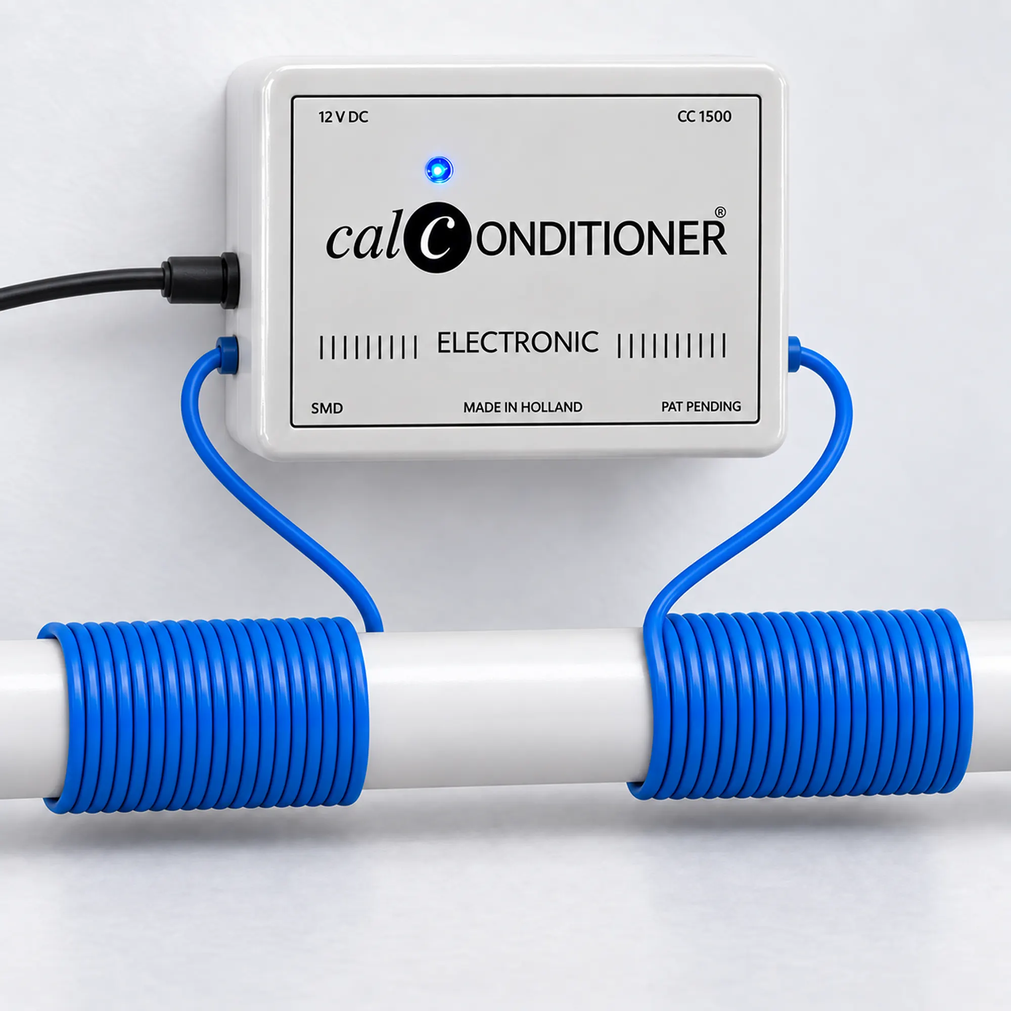 Calconditioner CC1500 gemonteerd op een kunststof waterleiding