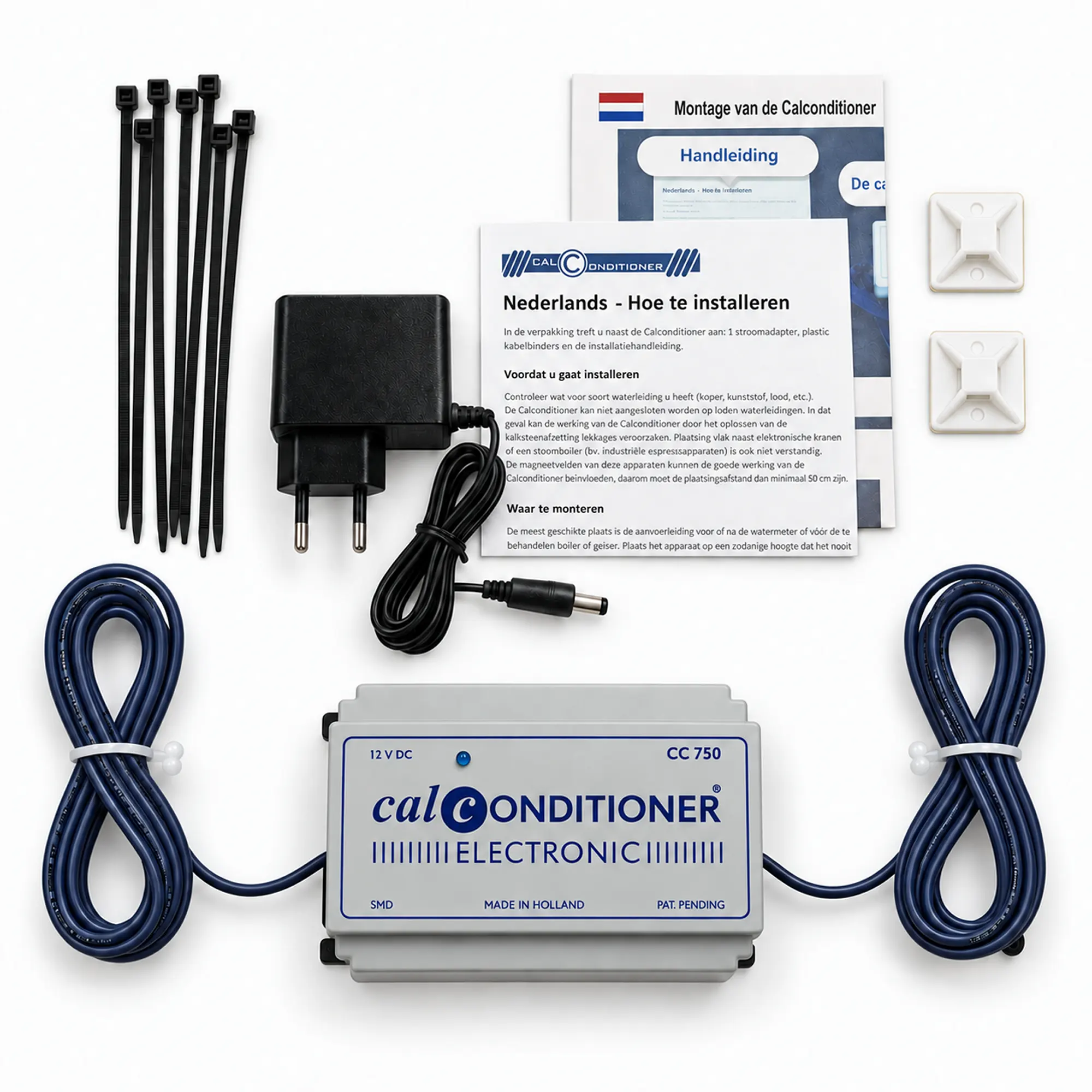 Inhoud verpakking Calconditioner CC750 met voeding en montagemateriaal