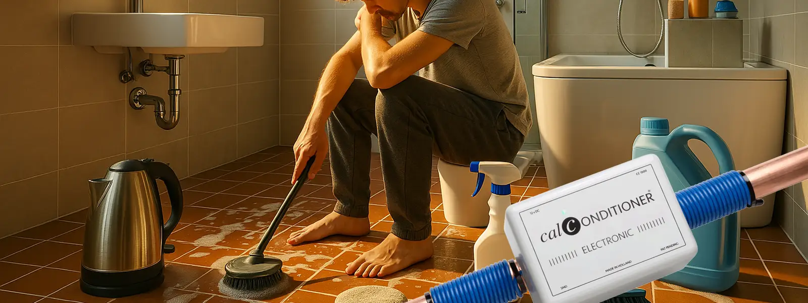 Een gefrustreerde persoon in een badkamer met schoonmaakgereedschap, omringd door oppervlakken zoals een ketel en douchekop met kalkaanslag, die de last van ontkalken benadrukt.