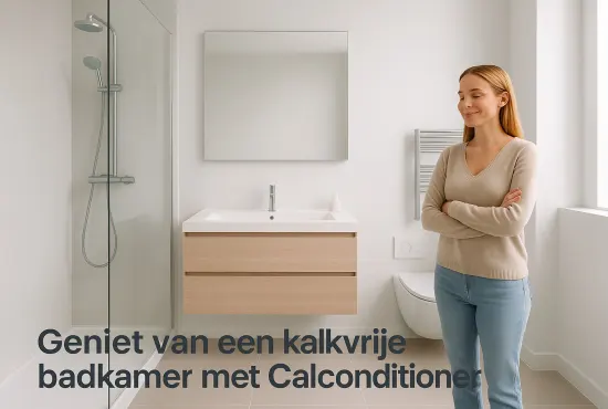 Vrouw kijkt tevreden naar haar glanzende, kalkvrije badkamer