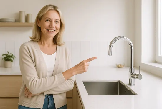 Vrouw toont een glimmende quooker