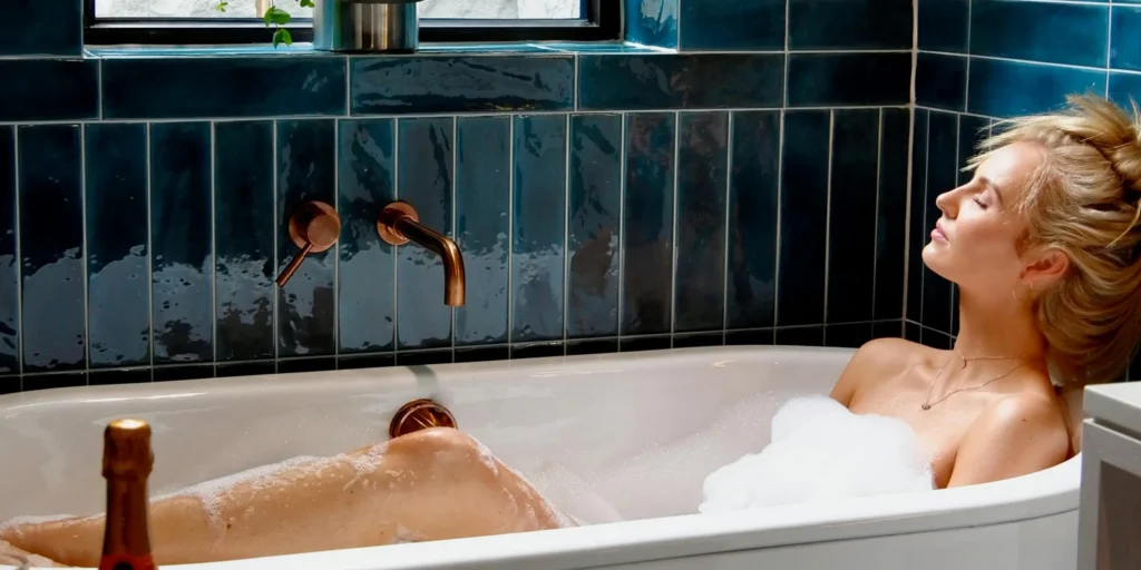 Blonde vrouw ligt ontspannen in bad in een stralend schone badkamer.