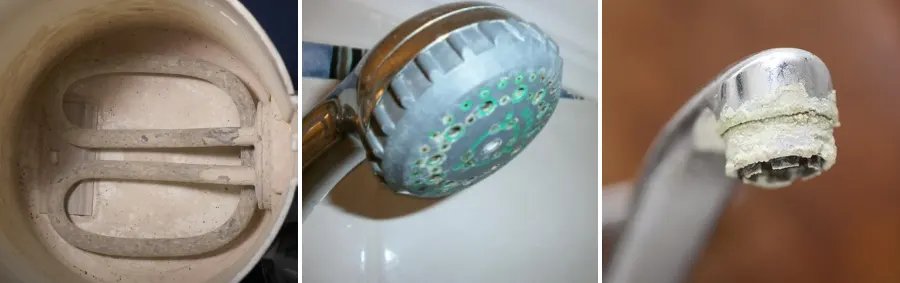 Kalkaanslag door hard water op een keukenkraan, met duidelijke calciumafzetting