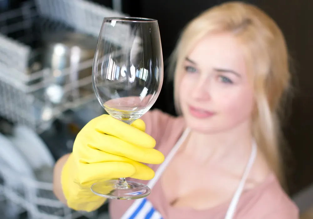 Vrouw bekijkt glanzend glas zonder kalkvlekken uit vaatwasser dankzij waterontharder