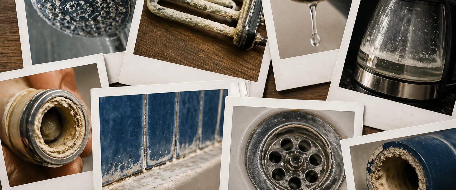Polaroidfoto’s met kalkaanslag op douchekop, kraan, leidingen en huishoudelijke apparaten.