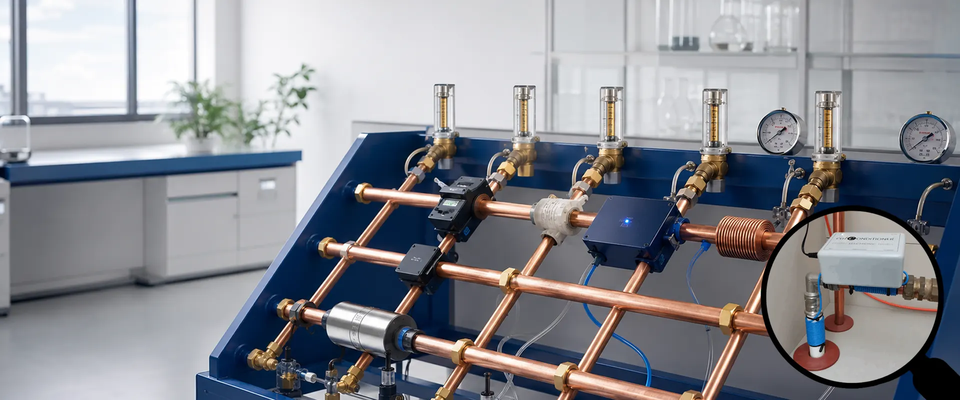 Laboratorium testopstelling van magnetische waterontharders op koperen leidingen